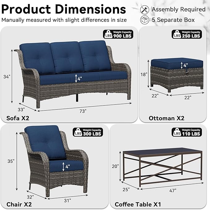 7 Piece Outdoor Wicker Patio Furniture Set, Patio Chairs Set with Thickened Olefin Cushions, High Back and Deep Seating, Hand-Woven PE Rattan, Ottoman for Porch, Deck