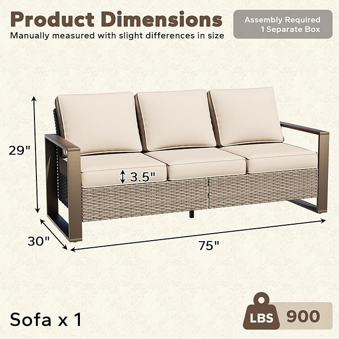 75" Patio Metal Wicker Sofa, All Weather Outdoor Rattan 3-Seat Sofa Couch with Premium Cushions & Rectangular Framed - Photo 2