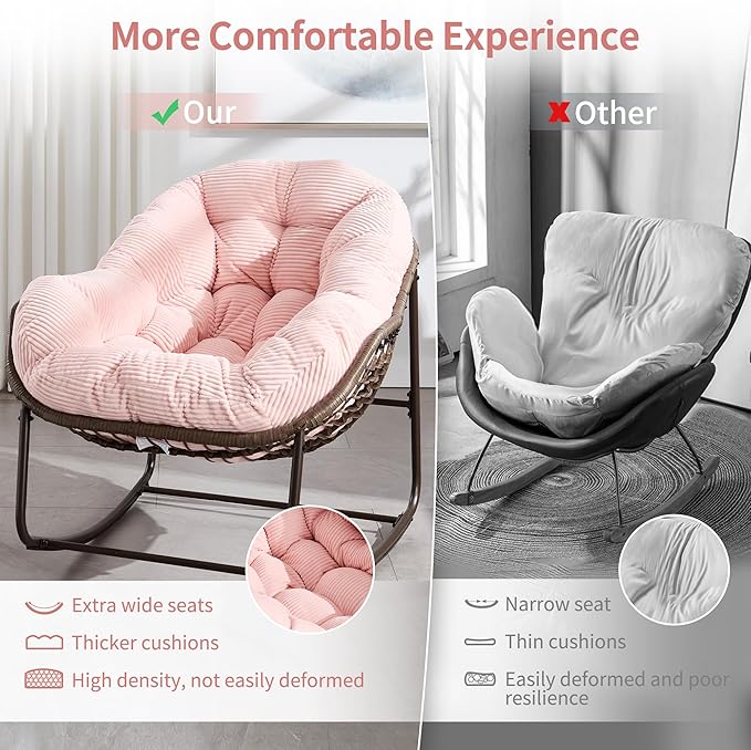 HOMEFUN Outdoor Patio Rocking Chairs, Oversized Papasan Rock Chair Indoor with Striped Velvet Padded Cushion - Rocker Egg Seat for Front Porch, Garden, Patio, Backyard Pink