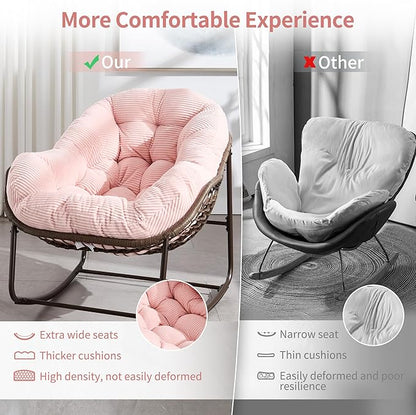 HOMEFUN Outdoor Patio Rocking Chairs, Oversized Papasan Rock Chair Indoor with Striped Velvet Padded Cushion - Rocker Egg Seat for Front Porch, Garden, Patio, Backyard Pink