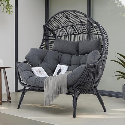 IRONCK Double Egg Chair Outdoor, 2 Person Wicker Lounge Chair, Oversized Thickened Padded Cushions and Headrests, 680 Lbs Egg Loveseat for Indoor, Patio, Living Room, Porch, Balcony, Dark Grey