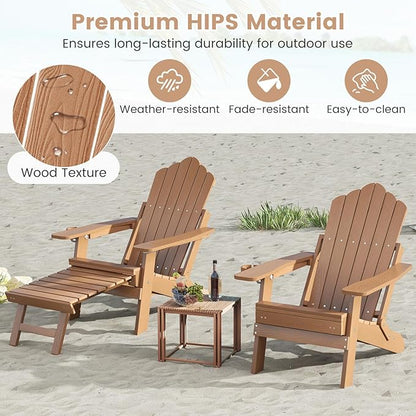 Giantex Folding Adirondack Chair, All-Weather Lounge Chair with Adjustable Backrest, Retractable Ottoman, Cup Holder, HIPS Fire Pit Chair for Lawn, Pool, Patio, Porch (2, Brown)