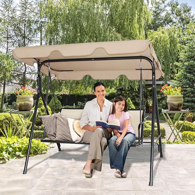 Tangkula 3 Person Patio Swing, Steel Frame with Polyester Angle Adjustable Canopy, All Weather Resistant Swing Bench - Photo 2