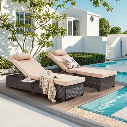 Outdoor Lounge Chairs, Pool Lounge Chairs Set of 2, Outdoor Chaise Lounge with Adjustable Backrest & Cup Holder,Khaki Cushion