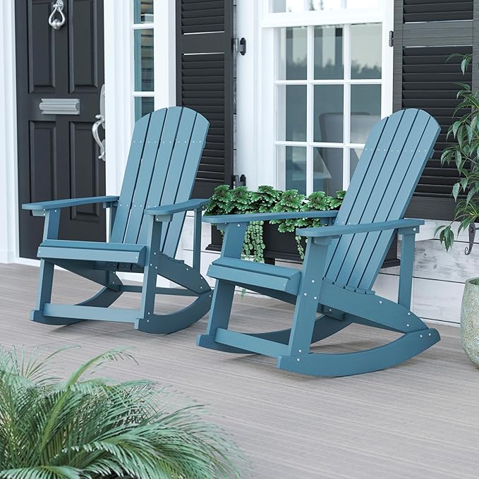 Flash Furniture Savannah Poly Resin Wood Adirondack Rocking Chair - All Weather Sea Foam Polystyrene - Stainless Steel Hardware - Set of 2
