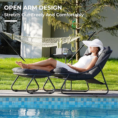 Grand patio Outdoor Lounge Chair with Ottoman, Comfy Sling Recliner Chair with Puffy Cushion and Foot Stool, Modern Patio Lounge Set for Porch Deck Garden, Dark Gray