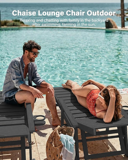 YEFU Lounge Chair Outdoor Set of 2: Outdoor Chaise Lounge with 5-Level Adjustable Backrest, Cup Holders & Wheels, All-Weather Resistance Chaise Lounge for Outside/Patio/Beach/Deck, Black