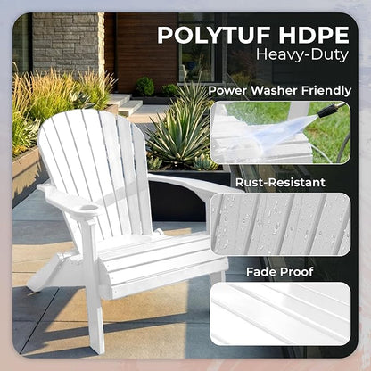 Ecommersify Folding Adirondack Chair with Cup Holder - (Bright White) - Heavy Duty Recycled Poly Lumber Folding Chair - Amish Crafted Outdoor Furniture - Made in USA