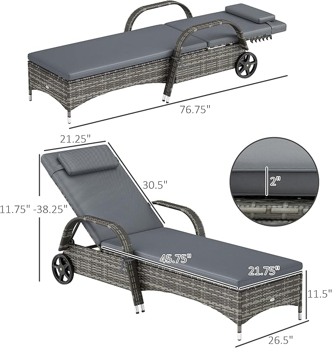 Outsunny Wicker Outdoor Chaise Lounge, 5-Level Adjustable Backrest PE Rattan Pool Lounge Chair with Wheels, Cushion & Headrest, Mixed Gray and Gray
