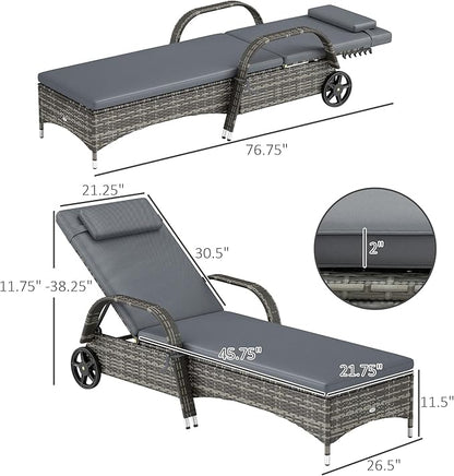 Outsunny Wicker Outdoor Chaise Lounge, 5-Level Adjustable Backrest PE Rattan Pool Lounge Chair with Wheels, Cushion & Headrest, Mixed Gray and Gray