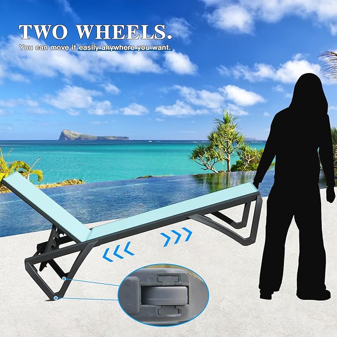 Domi Pool Lounge Chairs Set of 2 with Side Table, Aluminum Adjustable Outdoor Chaise Lounge with Wheels - Photo 5