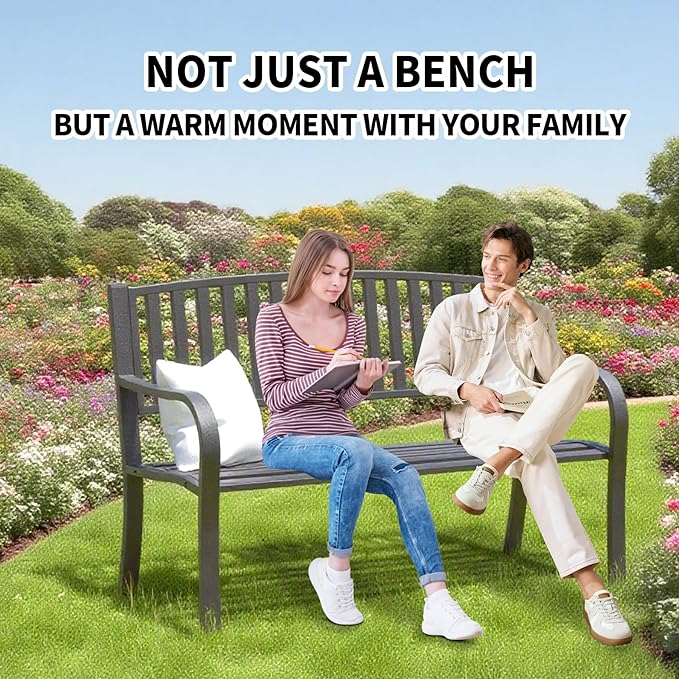 YLGJ&TIDY 50 Inches Garden Benches for Outdoor Patio Bench with Stripe Pattern Backrest Armrest Weatherproof Park Benches Metal Bench for Garden Park Porch Lawn Yard (BENCH08 2PCS)