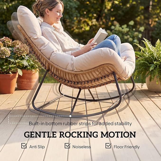 Outsunny Double Papasan Rocking Chair, Wicker Oversized Indoor Outdoor Rocking Chair with Cushion, PE Rattan Padded Outdoor Rocker Egg Chairs for Living Room, Garden, Patio, Balcony, Cream White