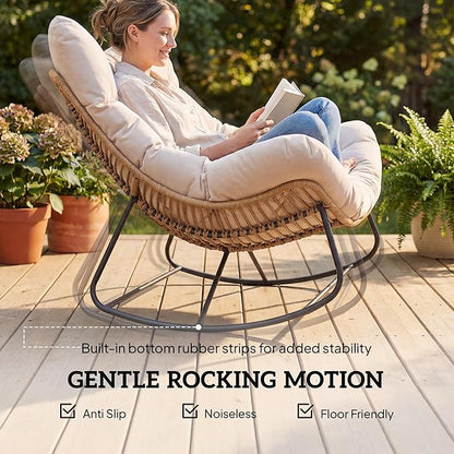 Outsunny Double Papasan Rocking Chair, Wicker Oversized Indoor Outdoor Rocking Chair with Cushion, PE Rattan Padded Outdoor Rocker Egg Chairs for Living Room, Garden, Patio, Balcony, Cream White