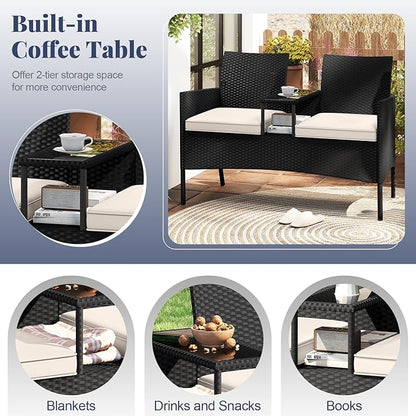 HAPPYGRILL Outdoor Rattan Loveseat, 2-Seat Patio Conversation Set with Built-in Coffee Table, Cushions, Wicker Bench Furniture for Backyard, Garden, Balcony, Porch (Beige)