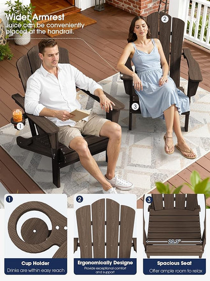 KINGYES Folding Adirondack Chair Set of 2, HDPE All-Weather Patio Chairs with Cup Holder, Wooden Textured Fire Pit Chairs for Poolside, Backyard, Deck, Coffee
