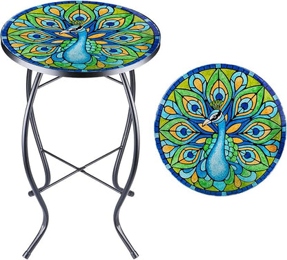 VCUTEKA Patio Side Table Outdoor Accent Table Bistro Coffee Table Plant End Table Small Porch Table Indoor Round Glass Balcony Plant Table Stands Peacock