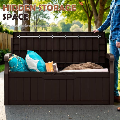 JUMMICO 80 Gallon Resin Outdoor Storage Bench, Large Deck Box with Armrest, Lockable&Waterproof for Garden, Home, Patio, Pools (Brown, 80 Gallon)