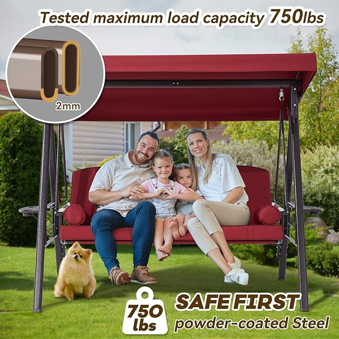 3 in 1 Outdoor Porch Swing with Adjustable Canopy, 3 Seat Outdoor Swing for Adults - Photo 4