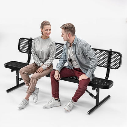 Heavy-Duty Outdoor Metal Bench, Thermoplastic-Coated, Portable, Weatherproof, Commercial-Grade for Parks, Gardens, Patios, Stores & More (6 Ft - Portable with Back, Black)