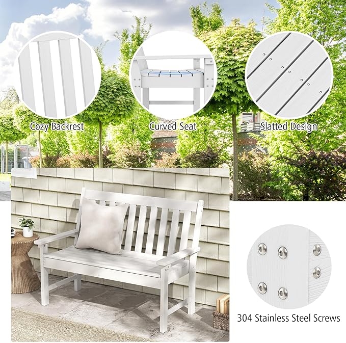 Giantex Outdoor Bench, 52-Inch Outside Bench All-Weather HDPE Park Bench with Backrest and Armrests, 705 lbs Weight Capacity, 2-Person Slatted Patio Bench for Porch, Yard, Lawn, Garden Bench (White)