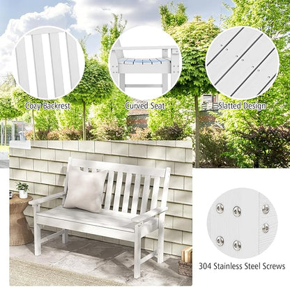 Giantex Outdoor Bench, 52-Inch Outside Bench All-Weather HDPE Park Bench with Backrest and Armrests, 705 lbs Weight Capacity, 2-Person Slatted Patio Bench for Porch, Yard, Lawn, Garden Bench (White)