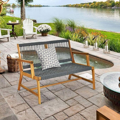 LDAILY Moccha Wood Rope Patio Bench, Modern Outdoor Acacia Park Garden Patio Furniture, 2-Person Solid Wood Patio Loveseat, Knitting Bench with Armrest & Backrest