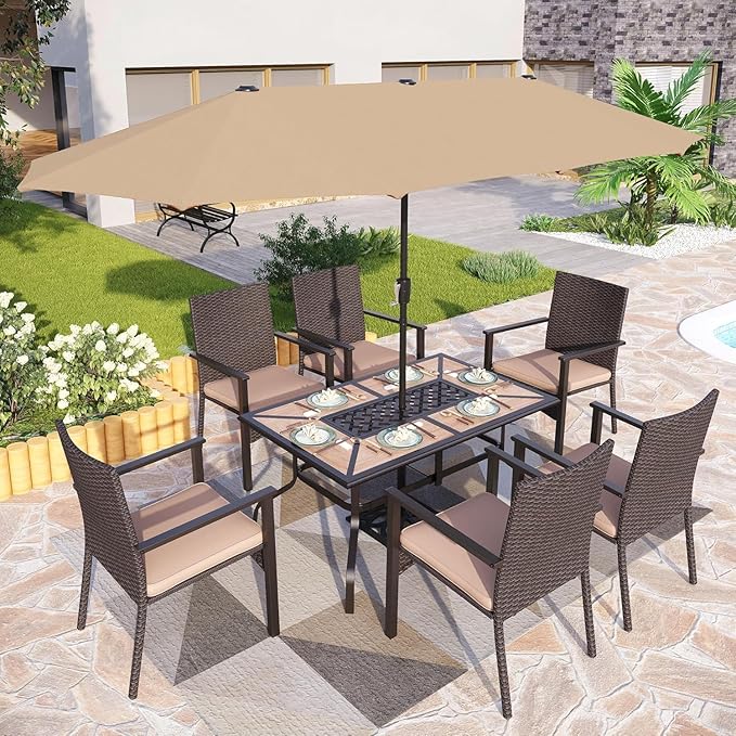 PHI VILLA Outdoor Dining Table for 6, Rectangular Metal Wrought Iron Table with Polywood Tabletop and Umbrella Hole - Photo 2