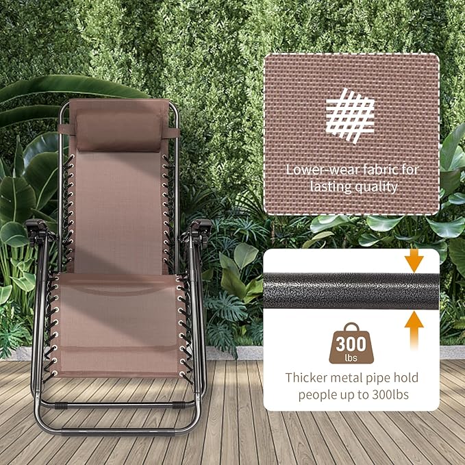 Bonnlo Zero Gravity Chairs Set of 2 Patio Folding Lounge Chairs Outdoor Recliners with Pillow and Cup Holder Adjustable Reclining Lawn Chair for Deck,Patio,Beach,Yard(Brown)