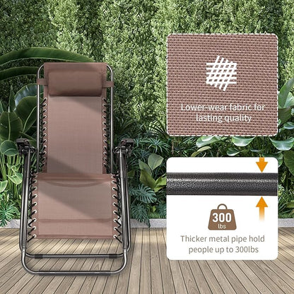Bonnlo Zero Gravity Chairs Set of 2 Patio Folding Lounge Chairs Outdoor Recliners with Pillow and Cup Holder Adjustable Reclining Lawn Chair for Deck,Patio,Beach,Yard(Brown)