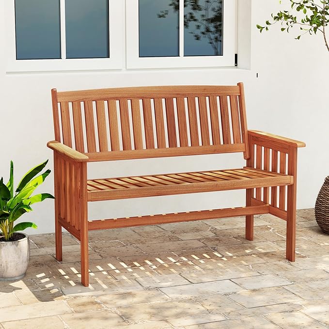 Tangkula Outdoor Wood Garden Bench, 2-Person Patio Park Bench with Backrest, Armrests and Slatted Seat, Outside Loveseat Furniture for Front Porch, Balcony, Deck and Yard