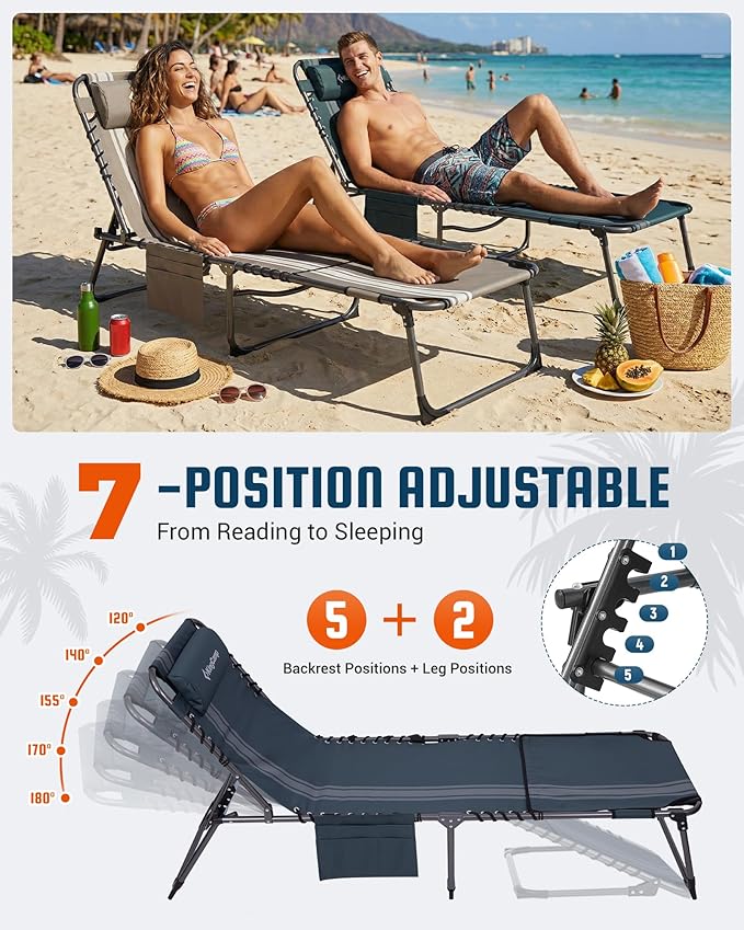 KingCamp Lounge Chair with face Hole, 400LBS Tanning Chairs for Outside, Adjustable 5-Position Beach Lounge Chairs Folding Sun Tanning Chair for Outside Beach Patio Sun Bathing Pool Backyard