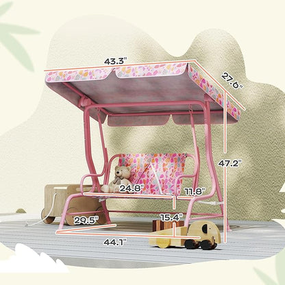 Qaba Kids Patio Swing, 2-Seater Outdoor Porch Swing Chair with Adjustable Canopy, Safety Belt, Pink Butterfly Pattern Hanging Swing Bench for Garden, Backyard, Pink
