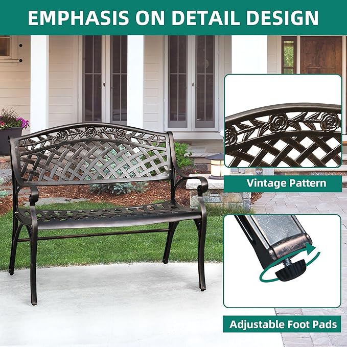 YITAHOME Cast Aluminum Outdoor Bench for 2 Persons, 39.4'' Heavy Duty Rust Free Patio Garden Bench for Front Porch Yard Lawn Entryway Deck, Park Bench, Outdoor Benches, Bronze