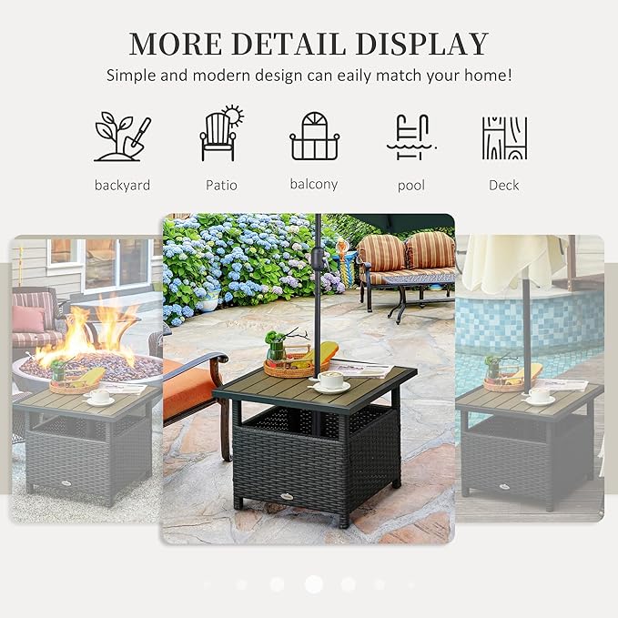 Outsunny 22" Outdoor Side Table with Umbrella Hole, Rattan Wicker End Table with Sand Bag and Steel Frame for Outdoor, Patio, Garden, Backyard, Black & Tan