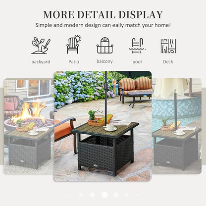 Outsunny 22" Outdoor Side Table with Umbrella Hole, Rattan Wicker End Table with Sand Bag and Steel Frame for Outdoor, Patio, Garden, Backyard, Black & Tan