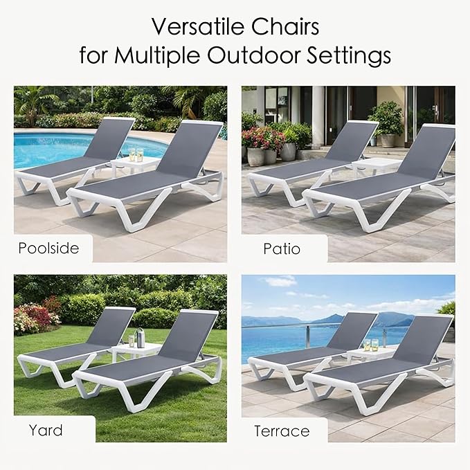Kozyard Outdoor Chaise Lounge Chair, Full Flat Adjustable Patio Lounger with Aluminum Frame & Resin Legs, Textilene Fabric for Poolside, Backyard & Beach (Gray Without Table)