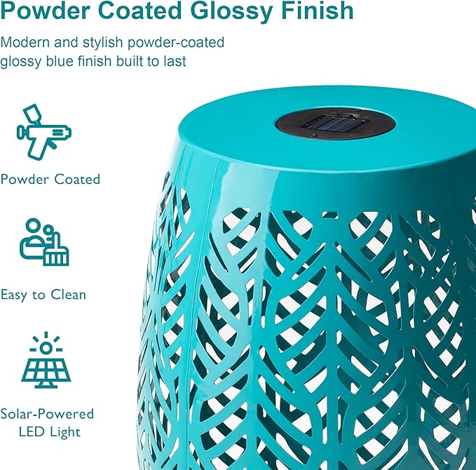 Glitzhome 18.25" H Outdoor Side Table with Leaf Pattern Solar Powered Light, Iron Cutout Drum Garden Stool Solar Decorative Lanterns, Metal End Table Plant Stand for Indoor Outdoor, Blue
