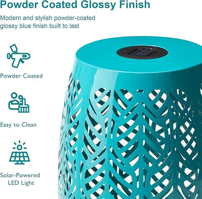 Glitzhome Set of 2 Outdoor Side Table with Leaf Pattern Solar Powered Light, 18.25" H Iron Cutout Drum Garden Stool Solar Decorative Lanterns, Metal End Table Plant Stand for Indoor Outdoor, Blue