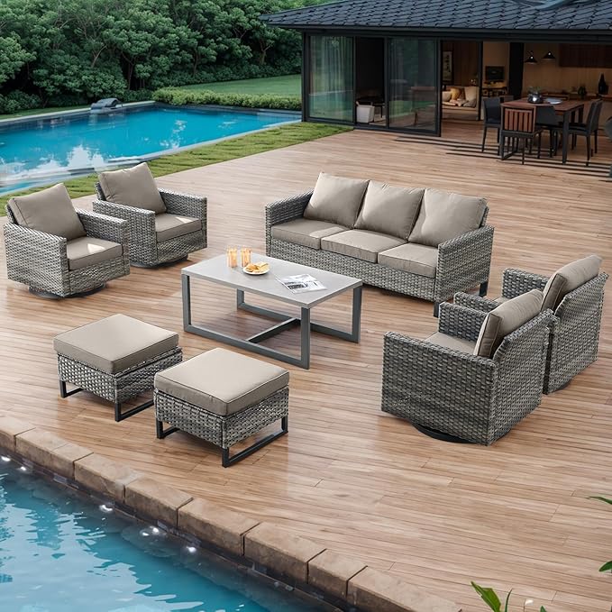 Wicker Outdoor Patio Furniture Set - 8 Piece Patio Conversation Set with 4 Swivel Rocker Chairs, 2 Rattan Ottoman - Photo 7