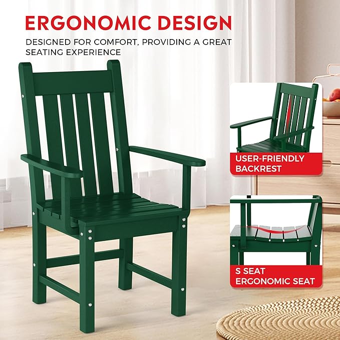 Costaelm Patio Dining Chairs, Plastic Outdoor Adirondack Chair with Arm, HDPE Poly Lumber, Waterproof Restaurant Bistro Dining Chair for Outside Porch Backyard Garden, Dark Green