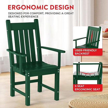 Costaelm Patio Dining Chairs, Plastic Outdoor Adirondack Chair with Arm, HDPE Poly Lumber, Waterproof Restaurant Bistro Dining Chair for Outside Porch Backyard Garden, Dark Green