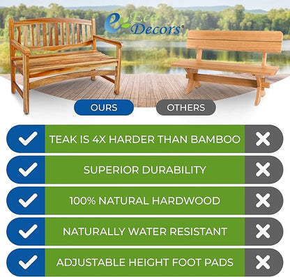 EcoDecors Kent 51 inch Outdoor Bench Teak Wood Garden Bench for Patio with Armrests and Backrest for Indoor Use and Outdoor, in Natural Color
