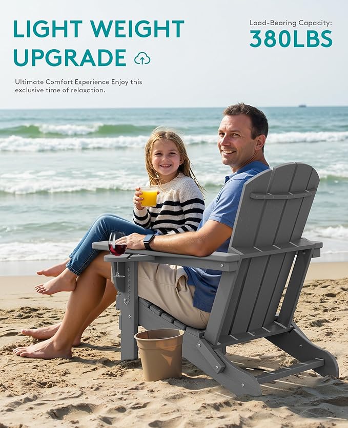 SERWALL Folding Adirondack Chair, Dual Cup Holders & All-Weather HDPE, Wood-Like Patio Chair for Backyard - Photo 4