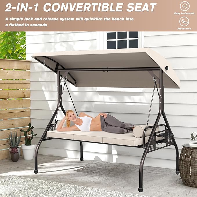 3 Seat Outdoor Porch Swing Chair, Adjustable Canopy Swing Bench, Convertible Backrest Swing Bed with Thicken Cushions - Photo 3