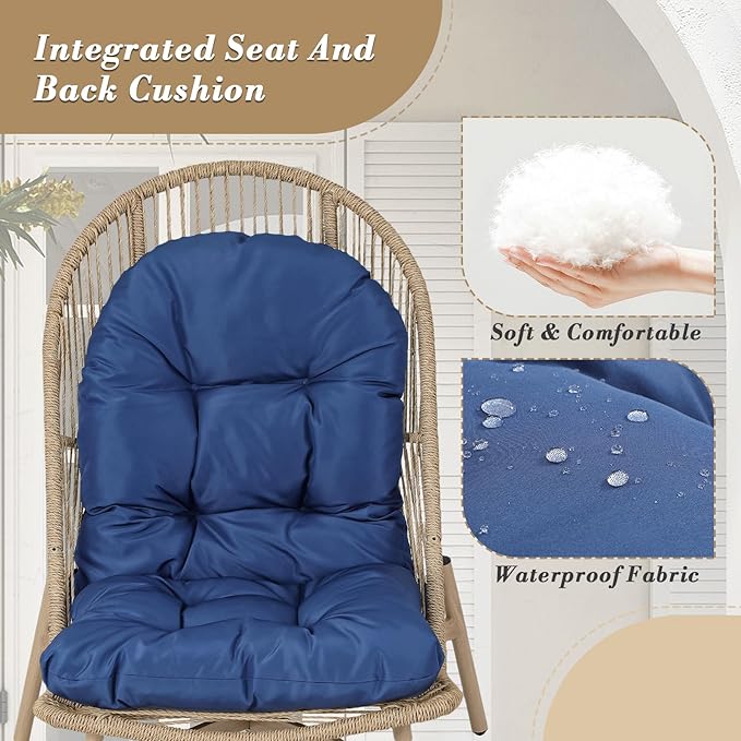 Athena Collection Patio Wicker Egg Chair with Folding Canopy, All-Weather Rattan Patio Lounge Chair with Sun Shade, Balcony Furniture Outside Seating for Front Porch, Garden, Poolside, Outdoor, Blue