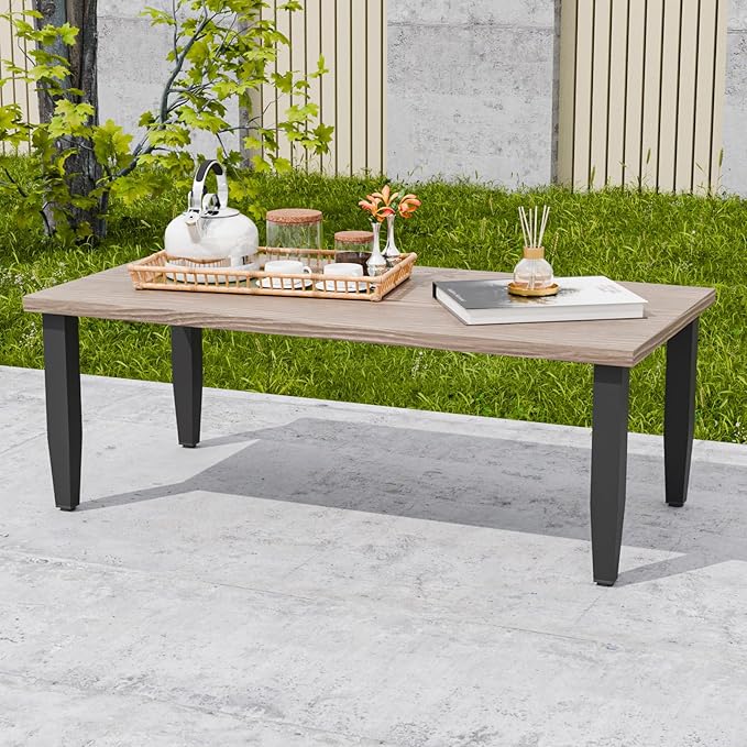 EAGLE PEAK Modern Outdoor Table, Patio Coffee Table with Wood Grain Top for Deck, Porch, Balcony, Garden - Photo 5