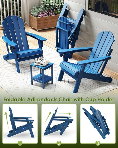 GREENVINES Folding-Adirondack-Chair | HDPE Plastic | Fire Pit Chairs | All Weather | Cup Holder | Blue | for Deck Backyard Patio Outdoor Garden