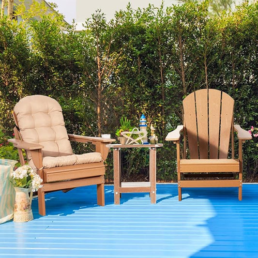 Oversized Adirondack Chair with Cushion & Cup Holder, HDPE Weather Resistant Folding Adirondack Chair for Adults, Outdoor Fire Pit Chairs for Patio/Porch/Swimming Pool/Garden (1, Teak)