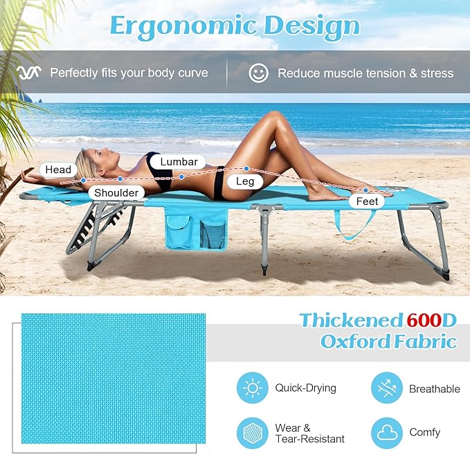 GYMAX Tanning Chair, Folding Lounger with Face/Arm Holes, Carry Handles & Side Pocket - Photo 6